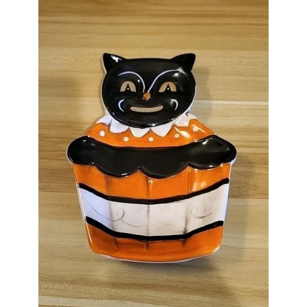 Johanna Parker Transpac Halloween Black Cat Cupcake Spoon Rest Trinket Tray